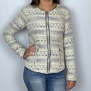 a.n.a Lurex Tweed Jacket EUC Sz M Cream Blue Silver Zip Woven Lined Wool Blend